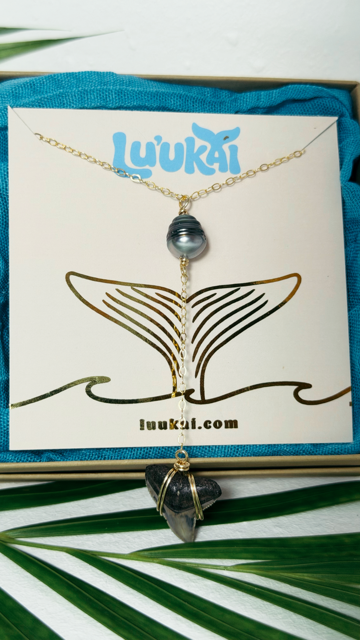 Tahitian Black Pearl and Shark Tooth Necklace Gold Filled