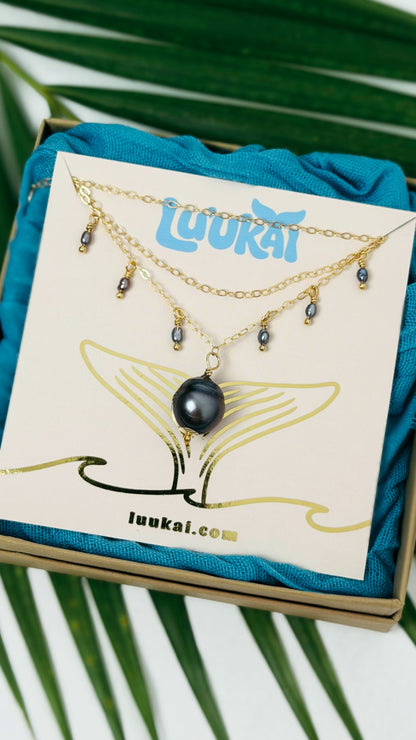 Tahitian Black Pearl Charm Necklace Gold Filled