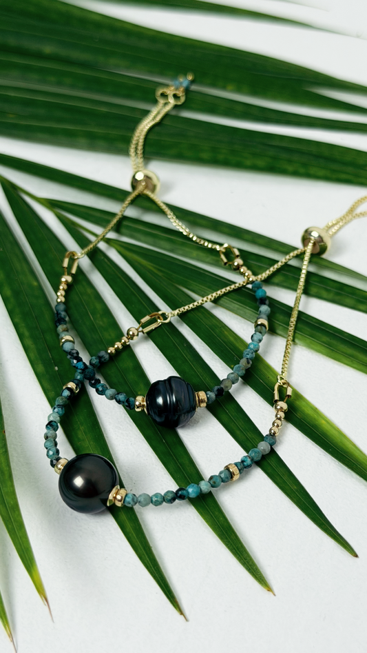 Tahitian Black Pearl Turquoise Adjustable Bracelet Gold Filled