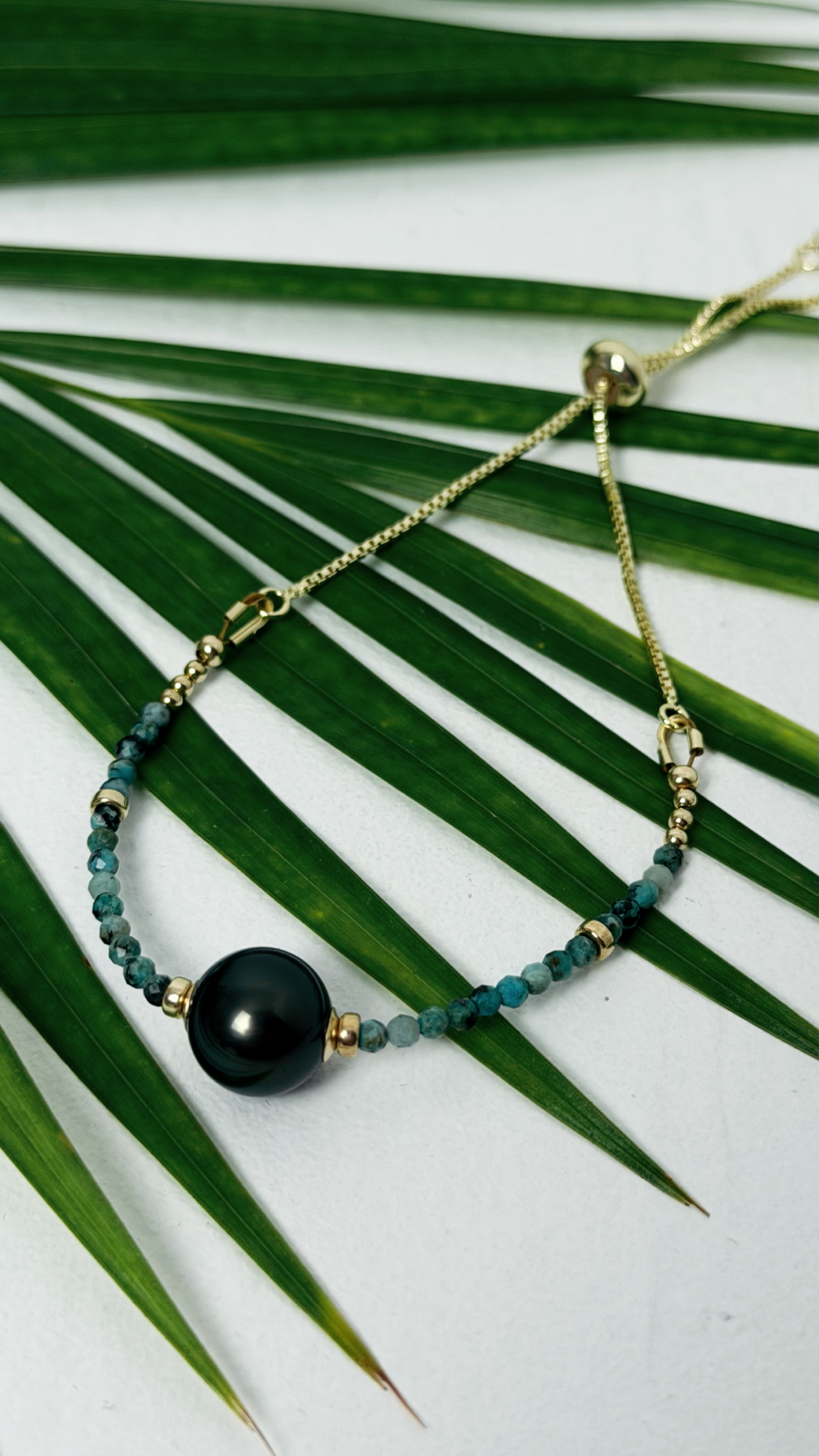 Tahitian Black Pearl Turquoise Adjustable Bracelet Gold Filled