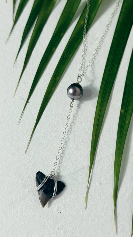 Tahitian Black Pearl and Shark Tooth Necklace Sterling Silver