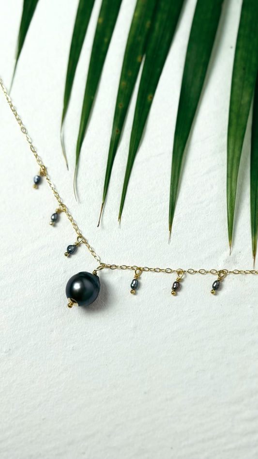 Tahitian Black Pearl Charm Necklace Gold Filled
