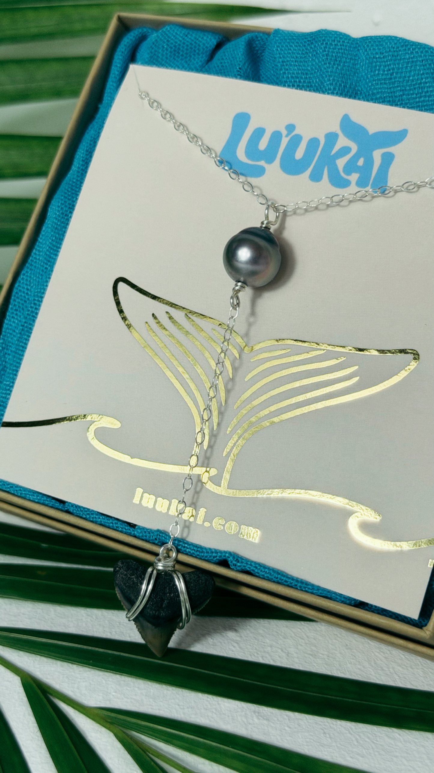Tahitian Black Pearl and Shark Tooth Necklace Sterling Silver