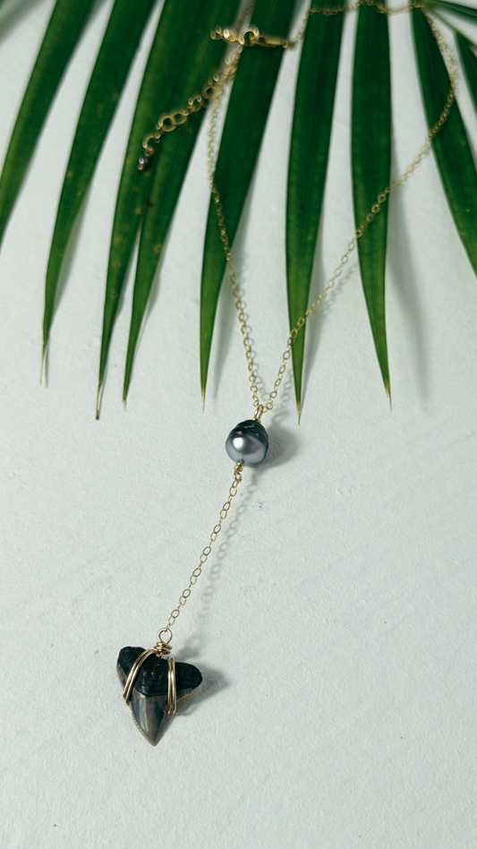 Tahitian Black Pearl and Shark Tooth Necklace Gold Filled