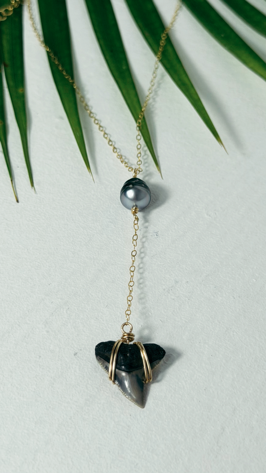 Tahitian Black Pearl and Shark Tooth Necklace Gold Filled