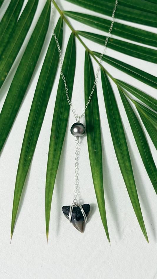 Tahitian Black Pearl and Shark Tooth Necklace Sterling Silver