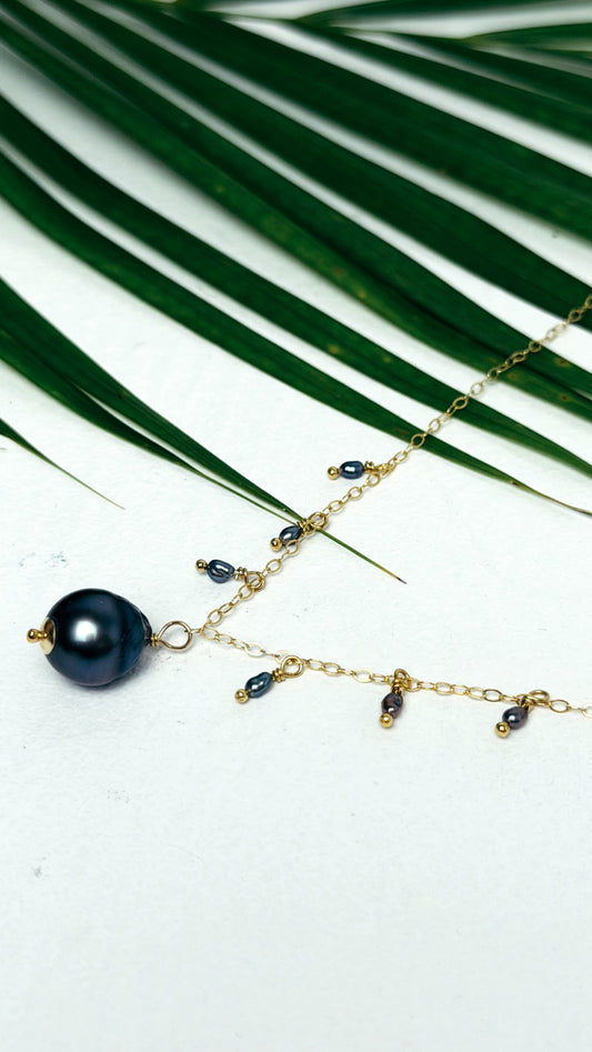 Tahitian Black Pearl Charm Necklace Gold Filled