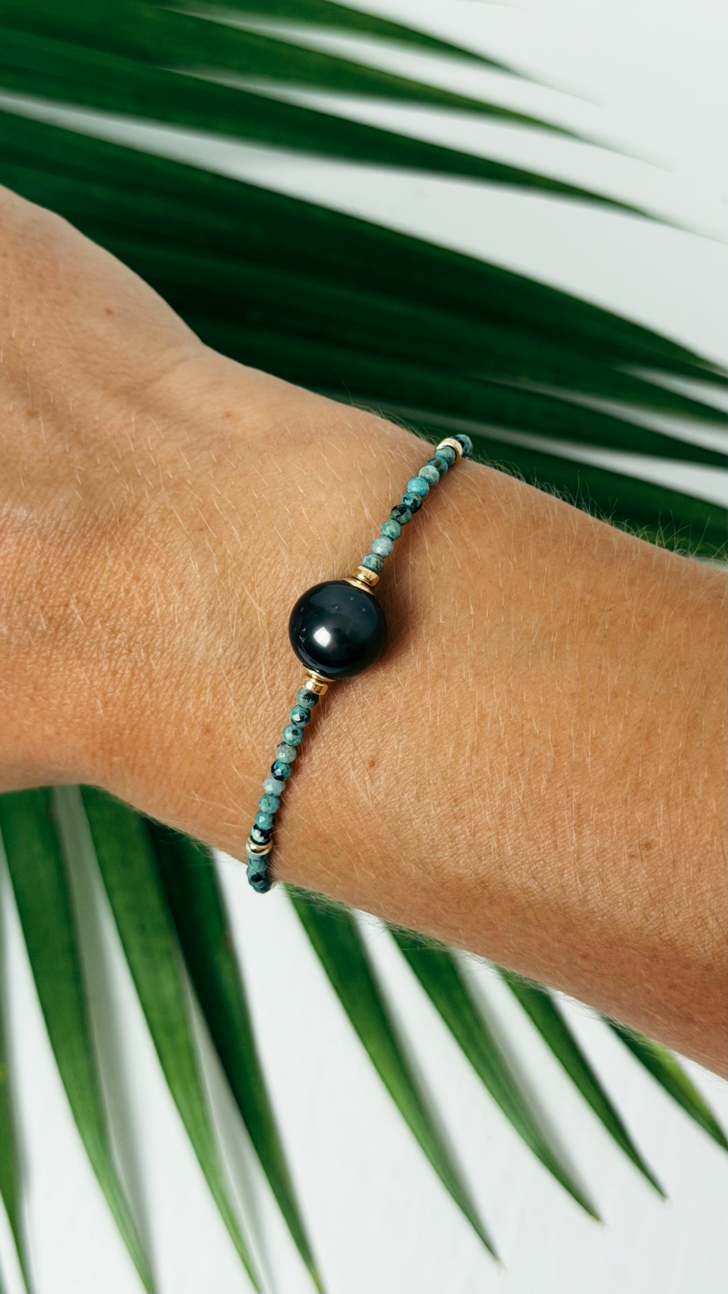 Tahitian Black Pearl Turquoise Adjustable Bracelet Gold Filled